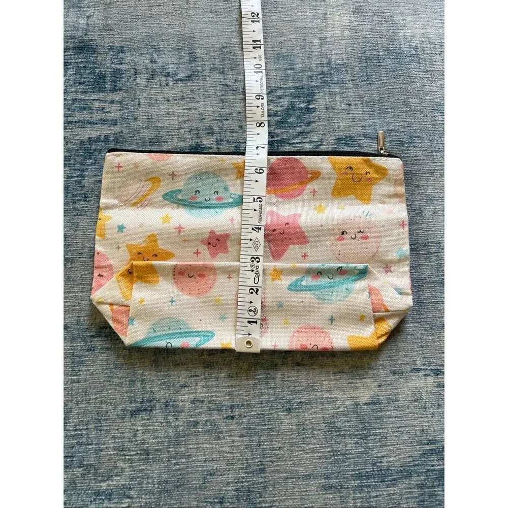 Blue Pink Star Moon Planet Cotton Canvas Small Makeup Bag Travel Toiletry Pouch